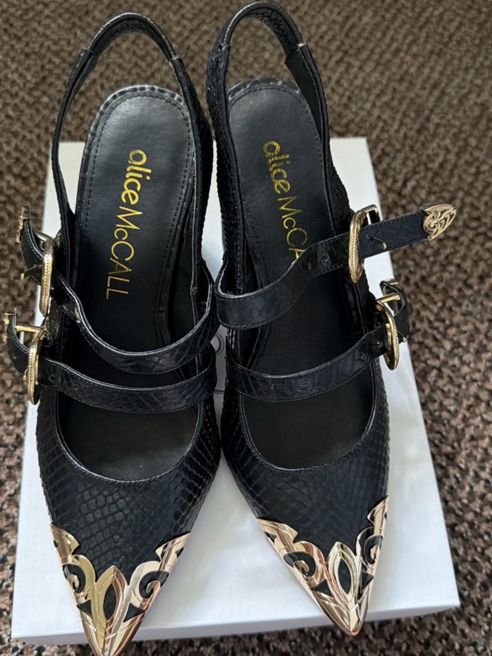 Alice McCall Black Pointed Slingback Pumps with Gold Toe Accents